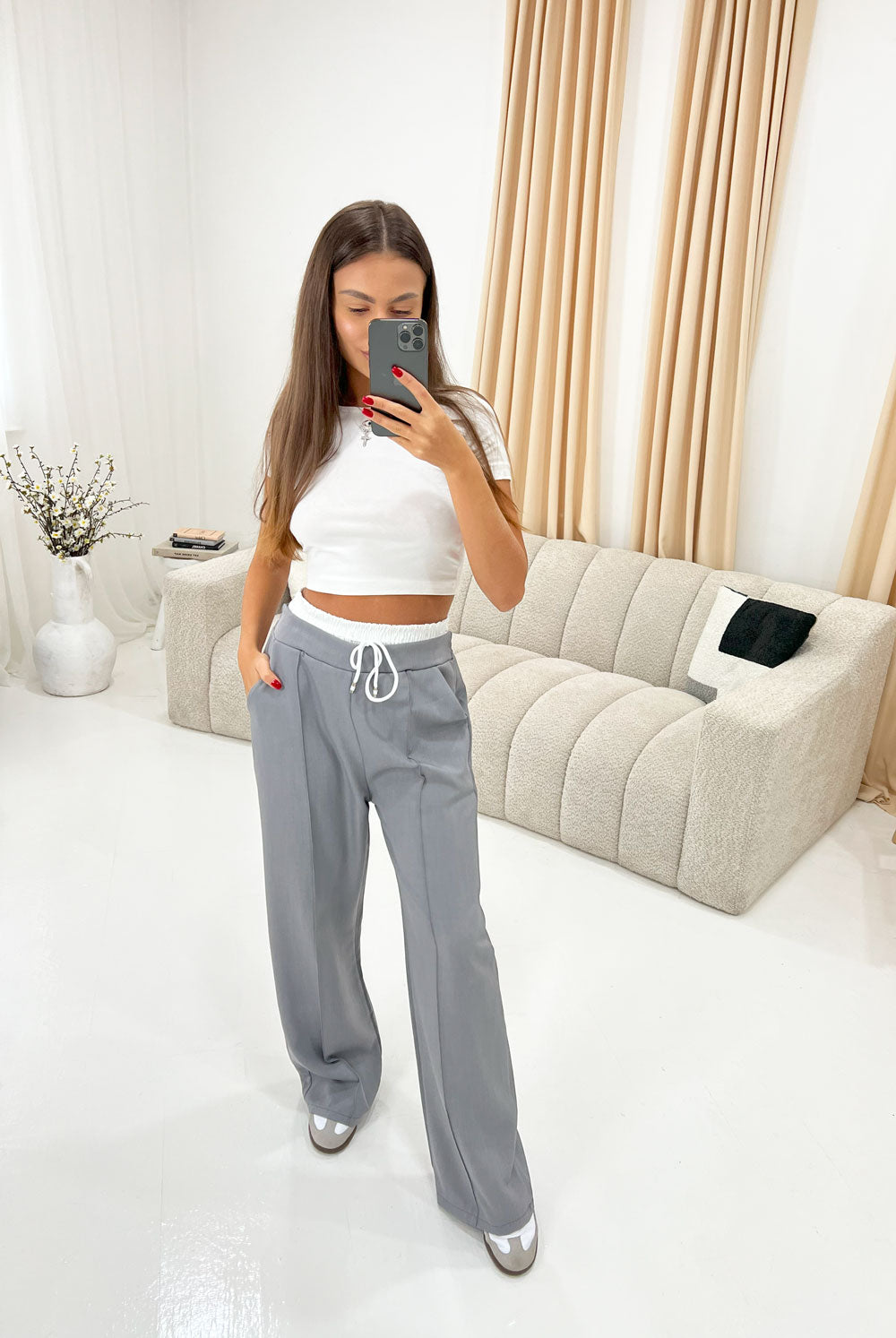 DOUBLE WAISTBAND TAILORED TROUSERS IN GREY - Angeleene