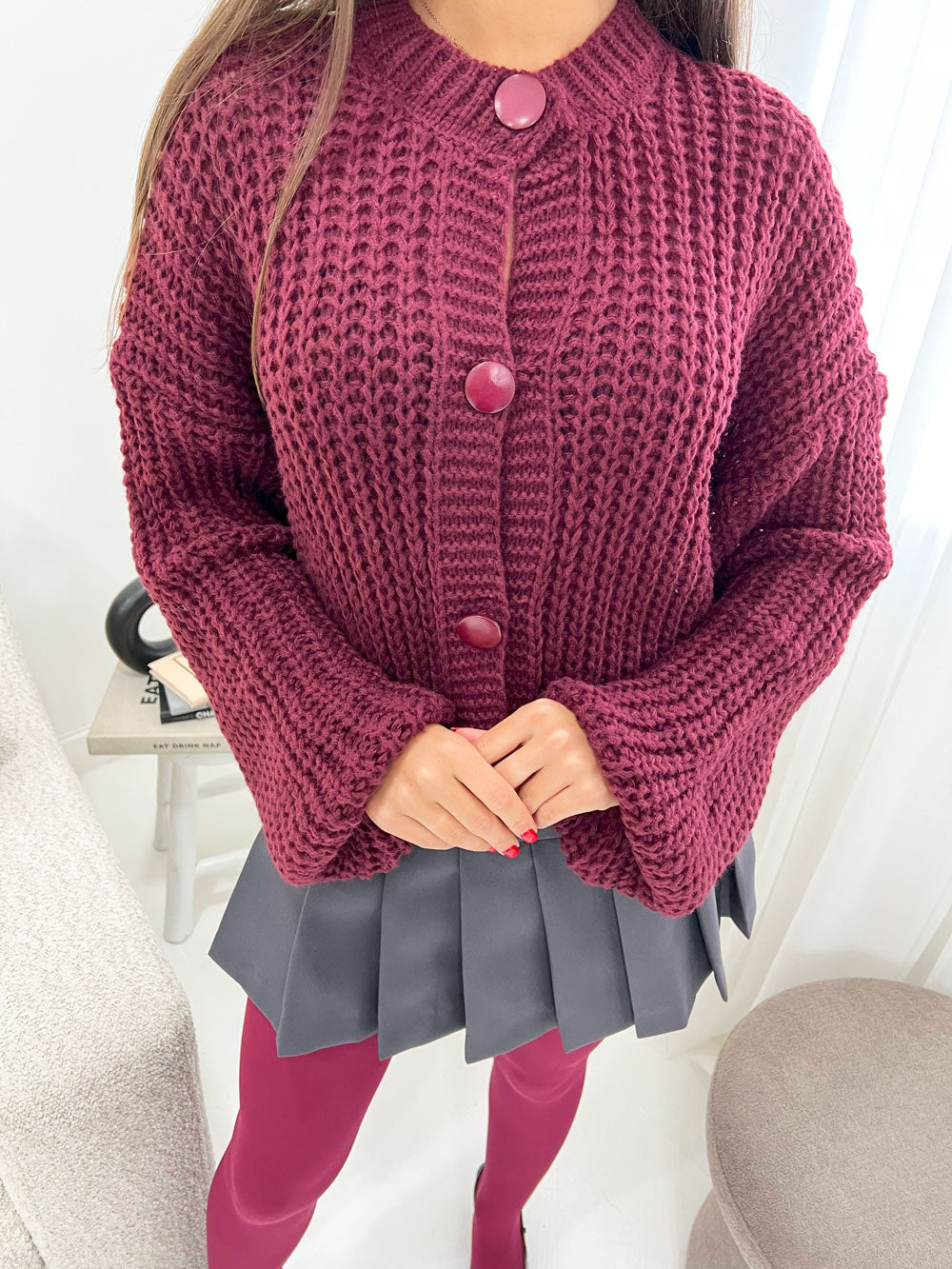 CABLE KNIT BUTTON UP CARDIGAN IN BURGUNDY - Angeleene