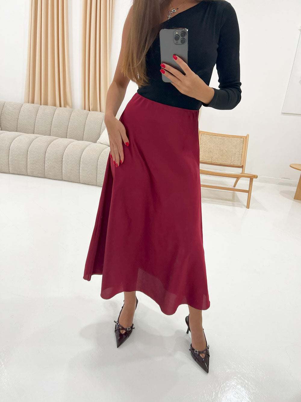 MIDAXI SATIN SKIRT IN BURGUNDY - Angeleene