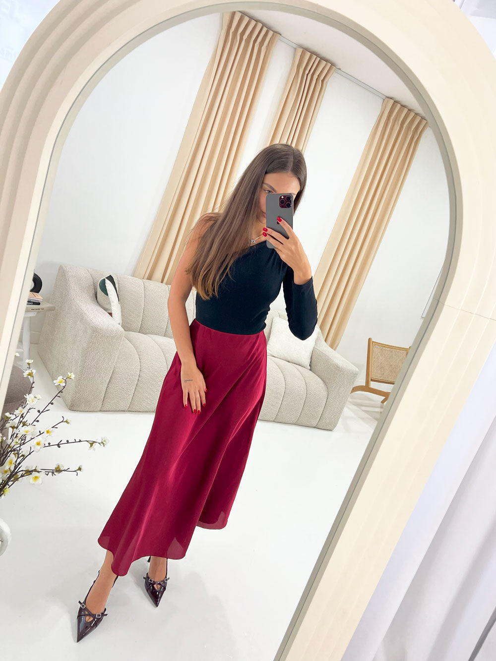 MIDAXI SATIN SKIRT IN BURGUNDY - Angeleene